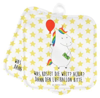 Produktbild von Mr. & Mrs. Panda 2er Set Topflappen  Einhorn Luftballon - Weiß - Geschenk, Freundin, Einhörner, Doppel, Unicorn, Kochlappen, Geld, topfhalter, Topfuntersetzer