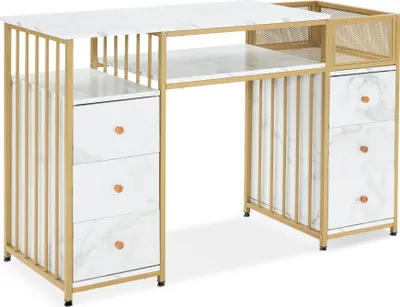 Produktbild von M MCombo Schreibtisch mit 6 Schubladen, Nageltisch aus Holz Metallgestell, Manikürtisch Marmor-Weiß Gold, Schminktisch ohne Spiegel Modern, Computertisch mit Ablagen Wohnzimmer, 46x125x81cm, 2425