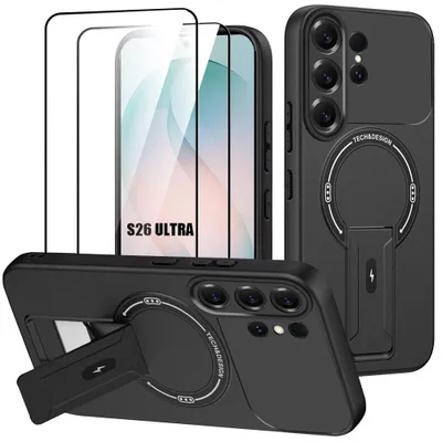 Image de Coque + 2 Verres Trempés pour Samsung Galaxy S26 Ultra, Silicone avec Cercle Magnétique - Noir