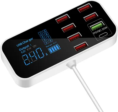 Produktbild von A9S + 8-Port-Autoladegeraet mit LED-Anzeige Typ C QC3.0 Schnellladung Intelligente tragbare sichere Fahrzeugladestation