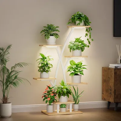 Produktbild von Pflanzenständer mit 7 Ebenen, 105 cm hoch, Metall und Holz, für Innen und Außen