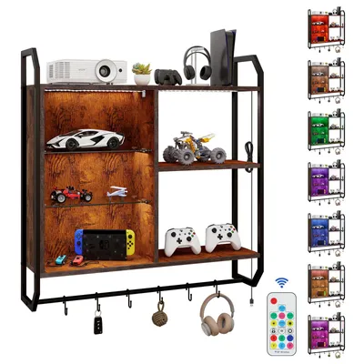 Image de Puluomis Étagère murale réglable avec 6 étagères, 83x20x80cm, Étagère suspendue en bois et métal, lumières LED RVB, Étagère flottante en verre, avec barre de suspension Marron Noir