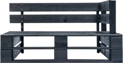 A dark wooden bench made from pallets, shown from the side against a white background.