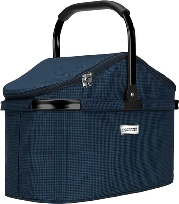 A blue picnic basket with a black handle and a silver logo.