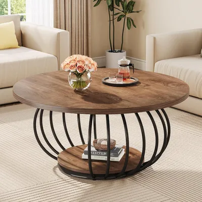 Immagine prodotto di Tavolino rotondo Tribesigns, tavolino industriale in legno da 100 cm a due livelli, con ripiano e struttura in metallo, rustico marrone nero