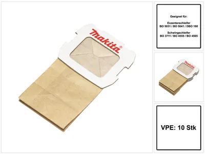 Produktbild von Makita Staubsack aus Papier 10 Stk. ( 2x 194746-9 ) für Exzenterschleifer BO 5031 / BO 5041 / DBO 180 und Schwingschleifer BO 3711 / BO 4555 / BO 4565