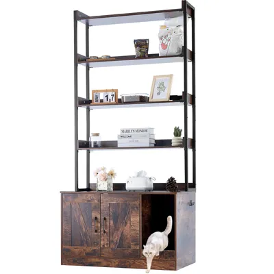 A dark brown wooden cabinet with shelves above, featuring a cat entering an opening on the right side.