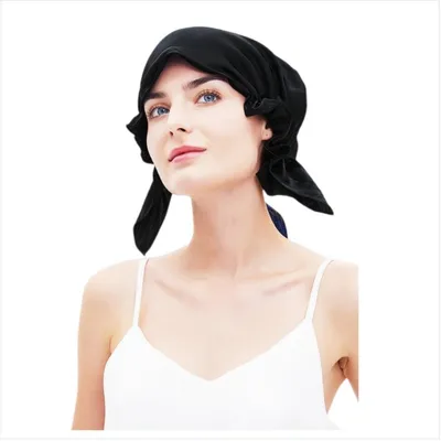 Image de INF Bonnet de nuit en soie fin - Bonnet de sommeil en soie doux et respirant avec bande élastique pour protection des cheveux et chaleur Le noir