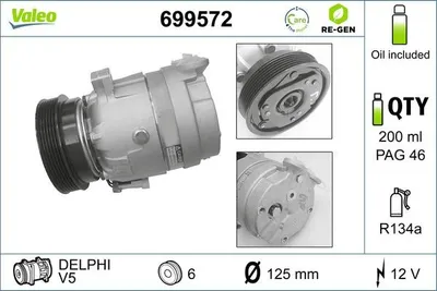 Produktbild von VALEO 699572 V5 Klimaanlage Klimakompressor PAG 46 R134a für OPEL Corsa B Schrägheck (S93) Tigra Coupe (S93) COMBO (71) Corsa B Kastenwagen (S93)