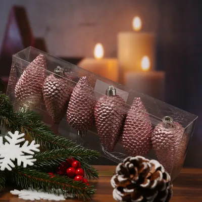 Christbaumschmuck ZAPFEN - Weihnachtsbaumschmuck - bruchfest - glitzernd - H: 8cm - rosa - 6er Set