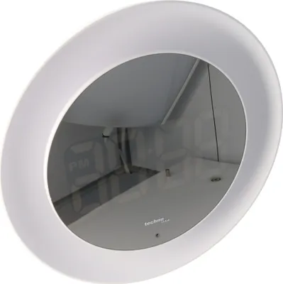 A digital clock with a white frame and a gray reflective face.
