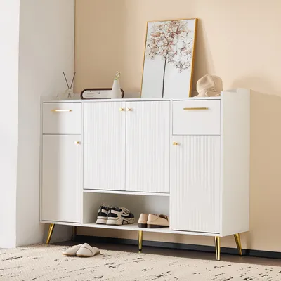 Immagine prodotto di Cassettiera Flieks con maniglia, credenza con 2 ante e 3 cassetti, credenza per soggiorno, cassettiera per ufficio, 130x37x100cm, bianco