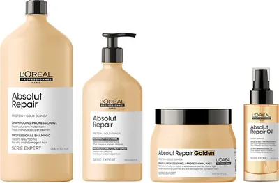 Image de Shampooing L'Oréal Absolut Repair 1500 ml NOUVEAU + Après-shampooing L'Oréal Absolut Repair 750 ml NOUVEAU + Masque L'Oréal Absolut Repair Golden Mask 500 ml NOUVEAU + Huile L'Oréal Absolut Repair Oil 10In1 90 ml NOUVEAU