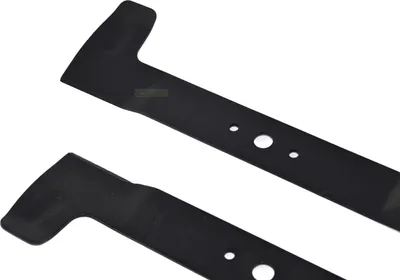Two black lawn mower blades are shown against a white background.