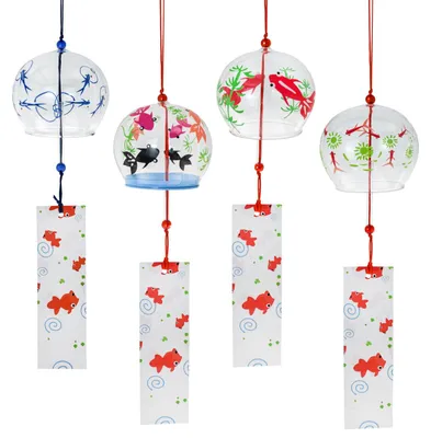 4er-Set japanische Glas-Windspiele Goldfisch für Außen