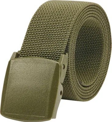 A close-up of a green fabric belt with a plastic buckle, rolled up.