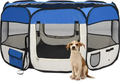 Produktbild von The Living Store Faltbarer Welpenlaufstall mit Tragetasche Blau 125x125x61 cm