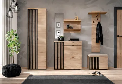 Produktbild von Flurgarderobe Schuhschrank Wandpaneel PEDRO IV mit Lamellen Sitzbank und Spiegel