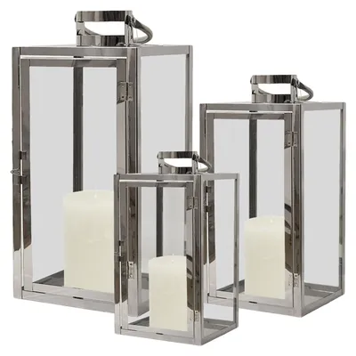 Image de XL Lanternes en acier inoxydable Set de 3 Lanternes de jardin Acier inoxydable Verre Argenté