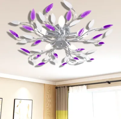 Image de vidaXL Plafonnier Violet et blanc avec feuilles acryliques 5x E14