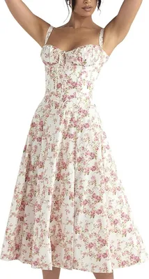 Produktbild von ASKSA Damen Sommer y aermellos Spaghettitraeger Boho Blumen Lang Kleid mit Schlitz (Hellweiss,XL)