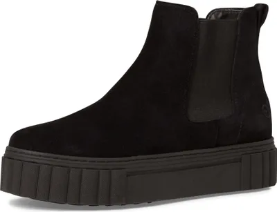 A black suede Chelsea boot with a thick platform sole is shown against a white background.