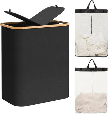 Image de Panier à linge en bambou avec couvercle et 2 tiroirs - 140 litres - Noir