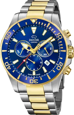 A close-up studio shot of a men's chronograph watch with a blue dial and a two-tone stainless steel and gold bracelet.