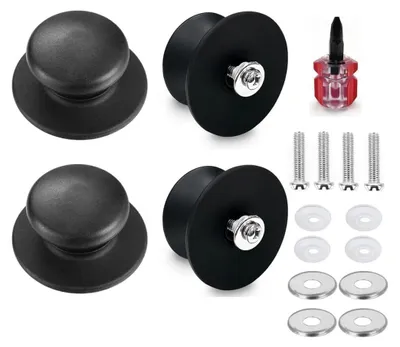 A set of black pot lid knobs and associated hardware, including screws and washers, arranged on a white background.