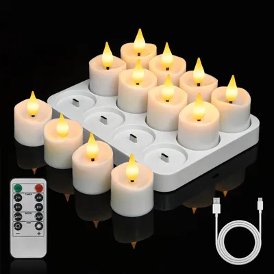 Produktbild von LED-Teelicht-Set, wiederaufladbar, 12er-Pack, mit Fernbedienung und Timer-Funktion; inklusive Ladestation, zwei Lichtmodi und drei Helligkeitsstufen.