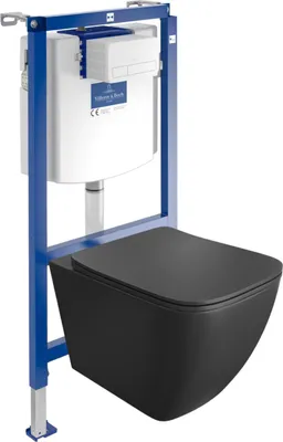 Produktbild von DOMINO Villeroy&Boch ViConnect H112 Vorwandelement Unterputz WC mit Bedienplatte + Wand Hänge Tiefspül WC Onil Schwarz  Spülrandlos | WC Komplettset |