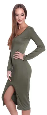 Produktbild von Damen Langarm Kleid Dress mit Schlitz vorne ; Khaki S/M 36/38
