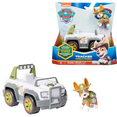 A Paw Patrol Tracker Jungle Cruiser toy set, including the vehicle and a figure, displayed in its packaging and separately.