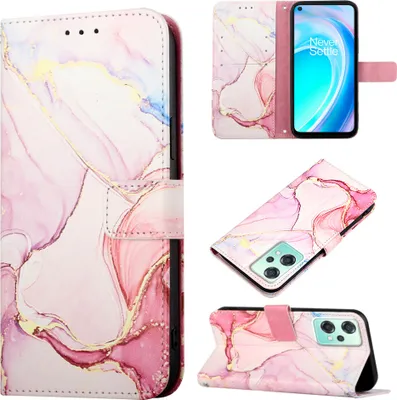 Produktbild von OnePlus Nord CE 2 Lite 5G Hülle, Marmor Motiv Kunstleder Tasche Wallet Kartenfächer mit Standfunktion Klapp Schutzhülle für OnePlus Nord CE 2 Lite 5G Pink Weiß