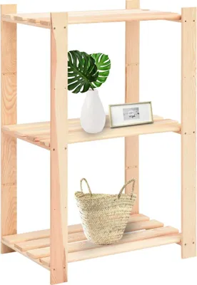 A three-tier wooden shelf unit with decorative items.