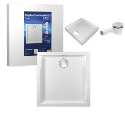 A collage of images showing a shower tray, its packaging, and a drain fitting.