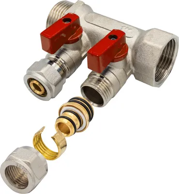 Produktbild von Belrad Heizkreisverteiler Messing 1 Zoll mit 2 Abgängen & Kugelhahn Rot MF-1” 2 x 16 – kompakter Wasserverteiler für Heizungs- & Sanitärinstallation