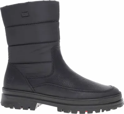 A black winter boot is shown against a white background.