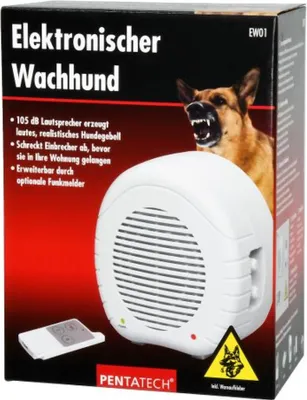 The image shows the packaging of an electronic watchdog device, featuring a picture of a barking dog and the product itself.