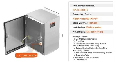 Image de Boîtier électrique, acier inoxydable 304, étanche IP66, 40 x 30 x 15 cm