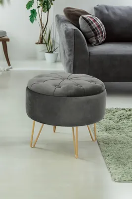 Produktbild von Sitzhocker – Hocker mit Stauraum – Samt Schminkhocker – runder Sitzhocker – CARO – Graphit – 38 cm – Elegantes Design mit praktischem Stauraum