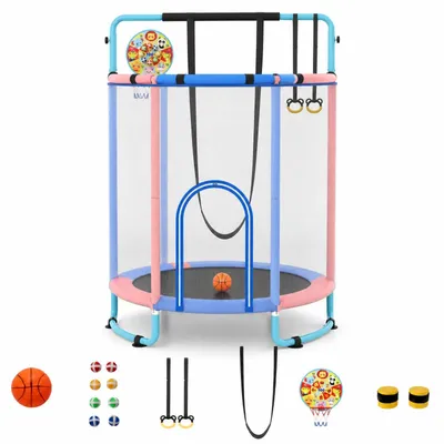 Produktbild von KOMFOTTEU Trampolin für Kinder, 154 cm Kindertrampolin mit Schaukel, Turnstange, Ringen, Zielscheibe & Basketballkorb, Kleinkindtrampolin mit Basketball & Bällen für Kinder ab 3 Jahren, innen & draußen