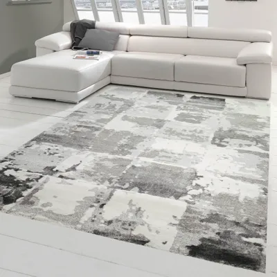 Image de Tapis moderne Tapis design salon carreaux gris crème Taille - 80 x 300 cm