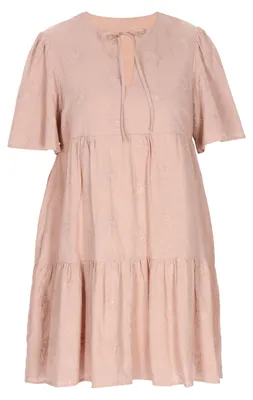 Produktbild von Damen Kleid Sand Größe M mit lockerer Passform, kurzen Puffärmeln und Blumenstickerei