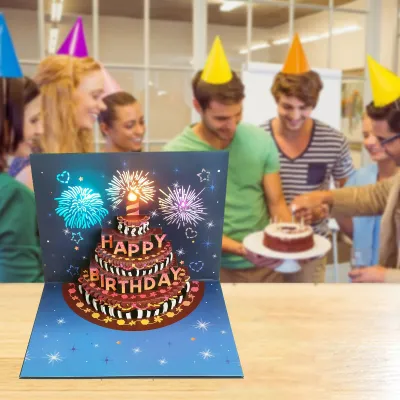 Produktbild von 3D-Geburtstagskarte mit Musiklichtern, blasbarer Kuchen, Überraschungsgeschenk, dreidimensionale hohle Grußkarte, Blau