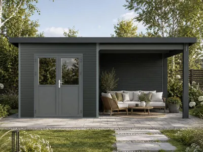 Produktbild von Linholm WPC Gartenhaus Linia 5228 mit Anbaudach und Rückwand, inkl. Dachrinnen-Set, Anthrazit