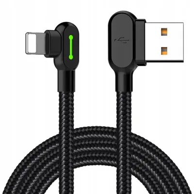 A black braided USB-C to Lightning cable with 90-degree connectors.