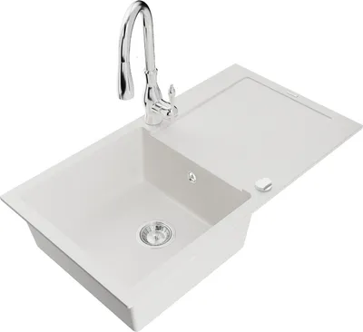 Produktbild von Mexen Leo 1 Becken-Granitspüle mit Abtropffläche und Mischbatterie Savita, Weiß - 6501-20-672601-00
