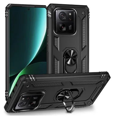 A black phone case with a ring holder is displayed from multiple angles.