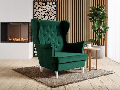 Produktbild von Beautysofa Sessel aus velours mit holzbeine Falco III, Ohrensessel mit Steppung, Knöpfe, Wellenfedern (Stoff: kronos 19 - flasches grün, Beinefarbe: Wenge)